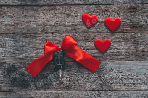 Preview: Car keys with red ribbon and heart on wooden background.