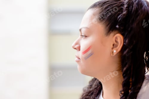 Preview: a female fan with the flag of netherlands painted on her chick