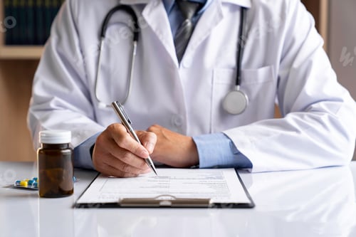 Preview: male medicine doctor hand holds the bottle of pills and writes a prescription to the patient at the