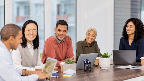Preview: Digital marketing, team work or happy business people in meeting planning a group or startup projec