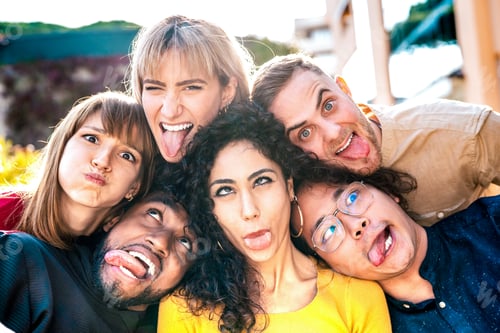 Preview: Multiethnic milenial people taking selfie sticking out tongue with happy faces