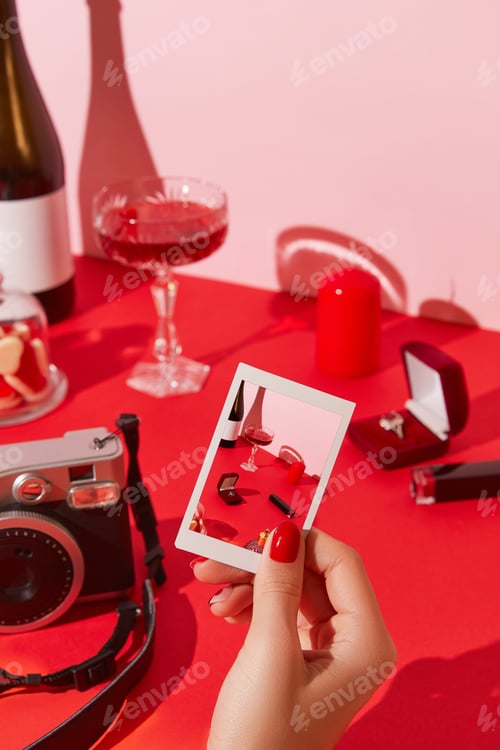Preview: Ring, sparkling wine, glasses,candies and cosmetics on red table