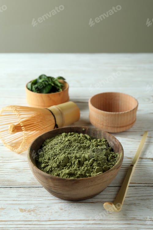 Preview: Concept of japanese tea with matcha on white wooden table