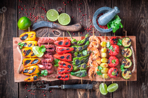 Preview: Hot grilled skewer as food for vegetarian barbecue.