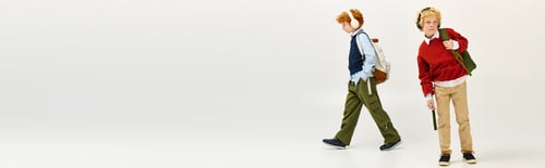 Preview: Stylish kids enjoying school life with bright outfits and headphones in a cheerful setting