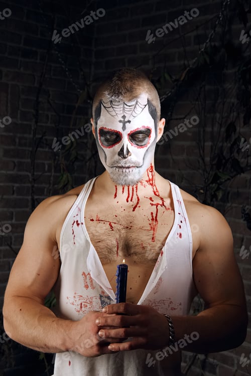 Preview: Male sugar skull makeup. Face painting art.