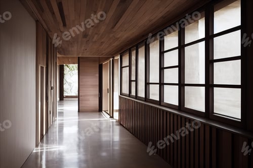 Preview: Lightning long hallway in a modern home. Empty stylish interior corridor space with Mid Century Furn