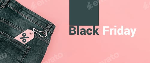 Preview: Concept of big sale in Black Friday and Cyber Monday. Discount tag with jeans on pastel pink