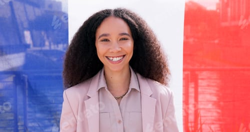 Preview: Portrait, business and happy woman with French flag for national pride, support or immigration. Fac