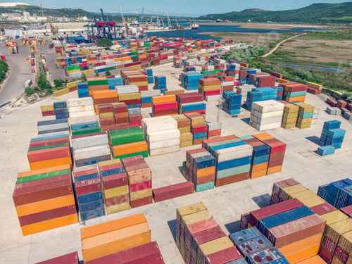 Preview: Aerial view of Container terminal freight port, international shipping and global commerce