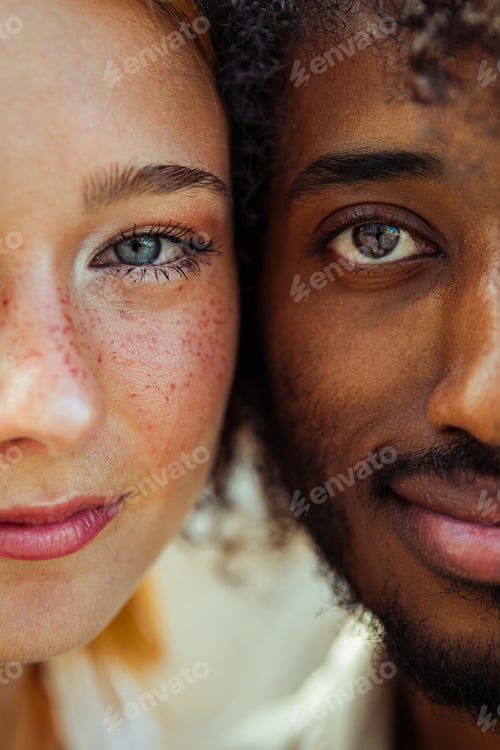 Preview: Portrait of two people, one white and one black together, concept of ethnic inclusion and respect