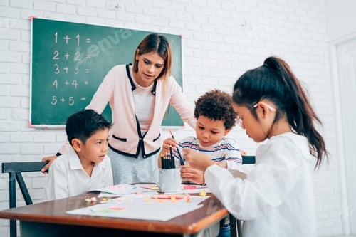 Preview: Happy school teacher and students having interesting engaging activities in class.