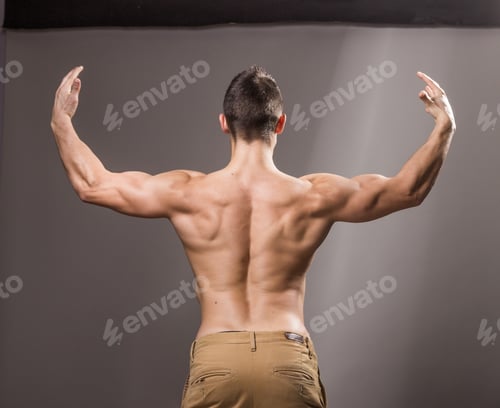Preview: Rear View, Back Muscles Bodybuilder, Young Adult Man Posing, Arms Hands Outstretched Wide