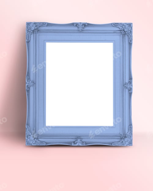 Preview: Blank pastel blue Vintage Victorian style picture frame on pastel pink studio room