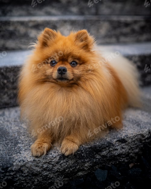 Preview: Close-up portrait of a fluffy Pomeranian dog sitting on stone steps