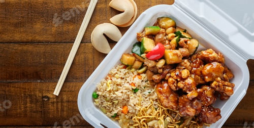 Preview: chinese take out with fried rice and general tsos chicken on table top panorama