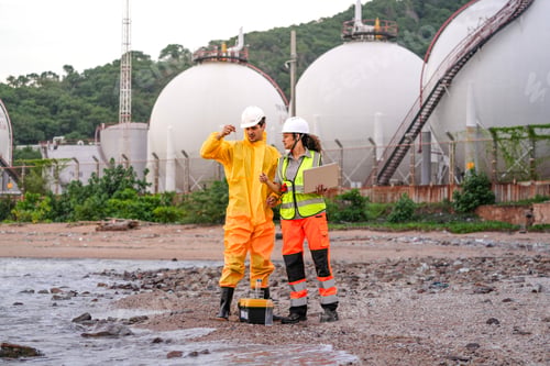 Preview: Two environmental engineers in safety gear work at a shoreline near gas storage tanks.