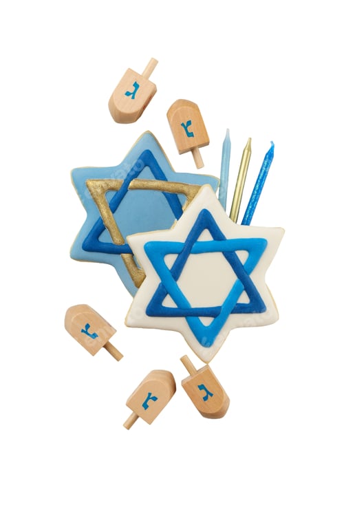 Preview: Star of David decorations, dreidels, and candles, on white