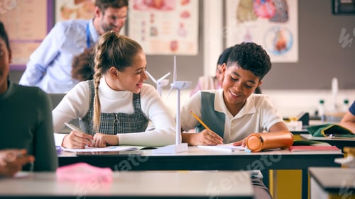 Preview: Secondary Or High School Students Studying Wind Turbines In Science Class With Teacher In Background