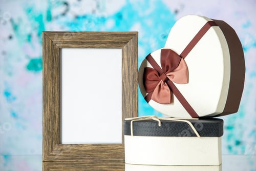Preview: front view valentines day presents with picture frame on blue background passion marriage couple