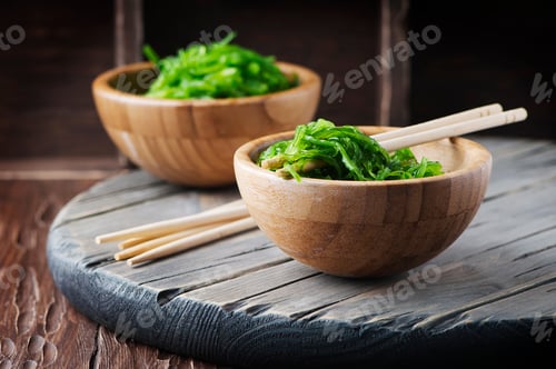 Preview: Traditional Japanese chuka salad on the wooden table