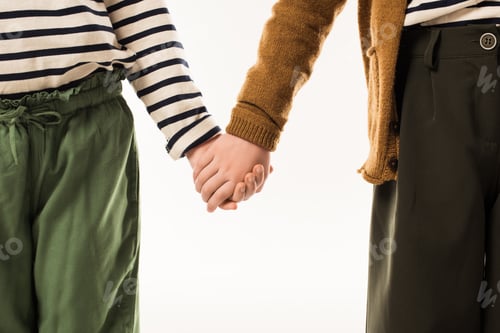 Preview: cropped shot of little kids holding hands isolated on white