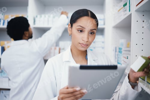 Preview: Pharmacist, woman or digital tablet for pills check, stock take or medical research in drugs store.