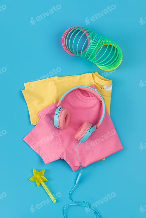 Preview: Colorful Toys and Shirts on a Blue Background