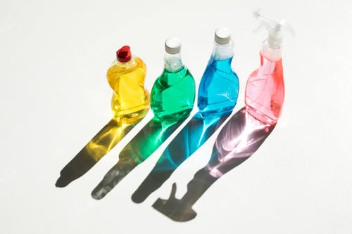 Preview: close-up view of plastic bottles with colorful cleaning products on white