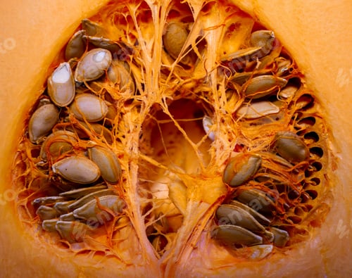 Preview: Pumpkin cut in half with seeds