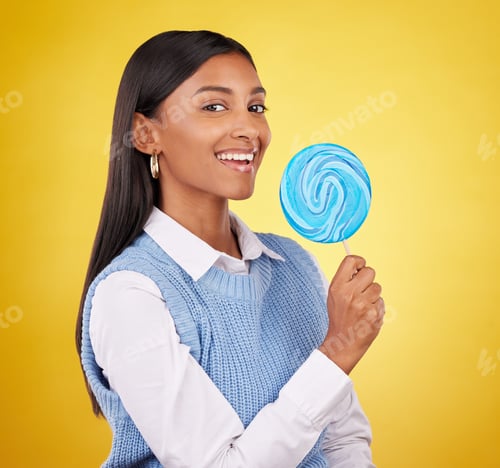 Preview: Smile, lollipop and candy with portrait of woman in studio for sweets, snack and food. Treats, dess