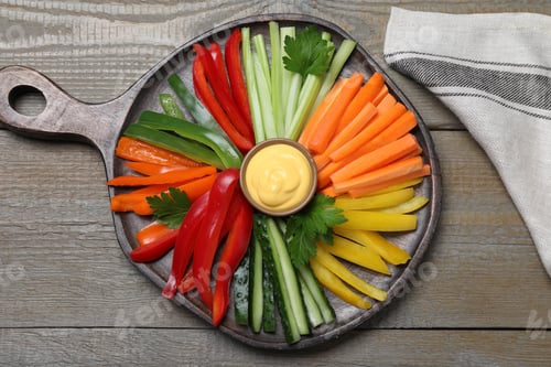 Preview: Different vegetables cut in sticks and dip sauce on wooden table, flat lay