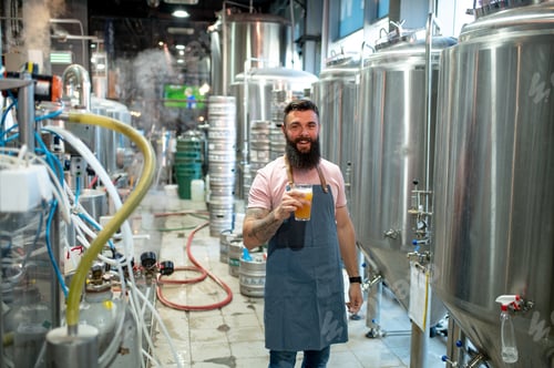 Preview: Bearded man examining the quality of craft beer at brewery