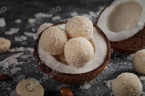 Preview: Coconut candy and coconut on a grey background