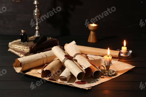 Preview: Many old rolled scrolls, burning candles and books on black wooden table, closeup