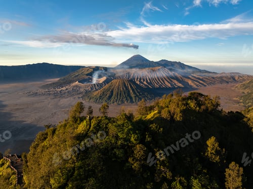 Preview: Aerial drone view of Bromo active volcano with Kingkong hill viewpoint, East Java, Indonesia