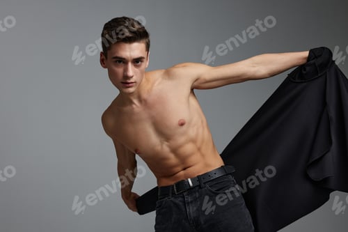 Preview: male topless black shirt Studio lifestyle model