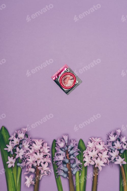Preview: top view of condom and arranged flowers isolated on purple