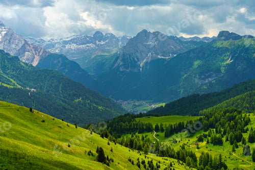 Preview: Mountain landscape along the road to Sella pass, Dolomites