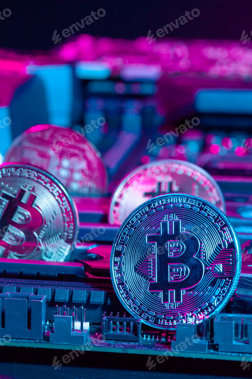 Preview: golden bitcoin and computer chip in background