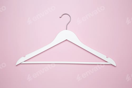 Preview: Creative flat lay hanger pink background. Sale discount store promo shopping concept. Top view
