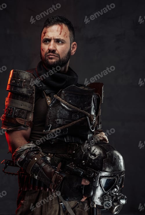 Preview: Bearded apocalyptic survivor with helmet in dark background