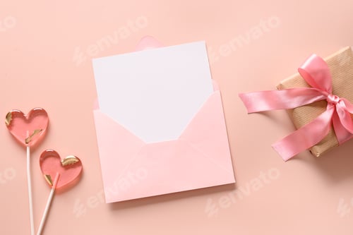 Preview: Valentine's day card with envelope and pink lollipops as heart.