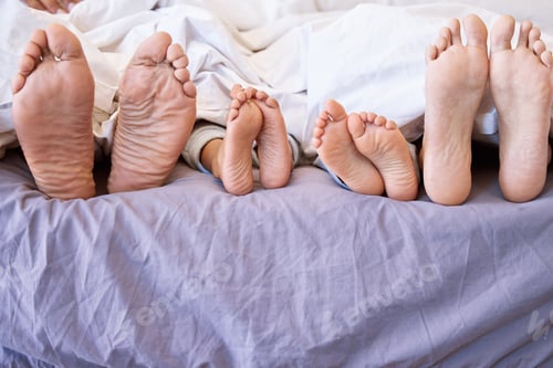 Preview: Feet of family lying in bed. Closeup of feet of parents and children in bed. Family relaxing in bed