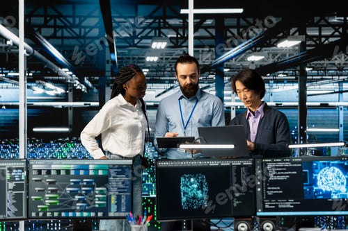 Preview: Team of data center coworkers in office running AI forecasting simulations