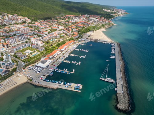 Preview: Aerial view of Sveti Vlas, a Bulgarian seaside resort town with a marina