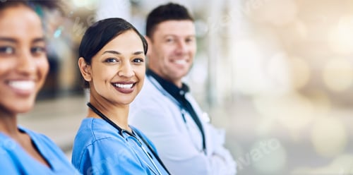 Vista previa: Doctor, team and portrait smile on mockup for healthcare, help advise or consultation at hospital.