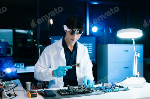 Preview: Technician inspecting computer motherboard with magnifying glass in a high-tech