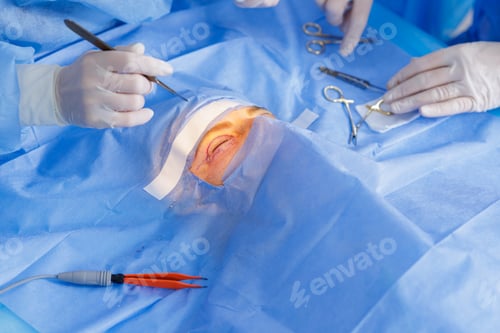 Preview: Upper eyelid blepharoplasty under sterile drapes with oculoplastic instruments