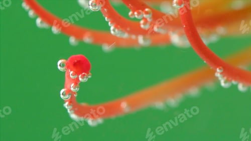 Preview: Close-up of bright flower stamens with bubbles. Stock footage. Exotic flower under water with